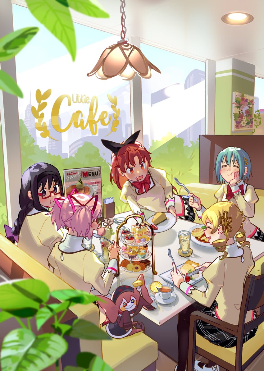 akemi homura, kaname madoka, miki sayaka, sakura kyoko, tomoe mami, and 1 more (mahou shoujo madoka magica) drawn by yooki_(winter_cakes)
