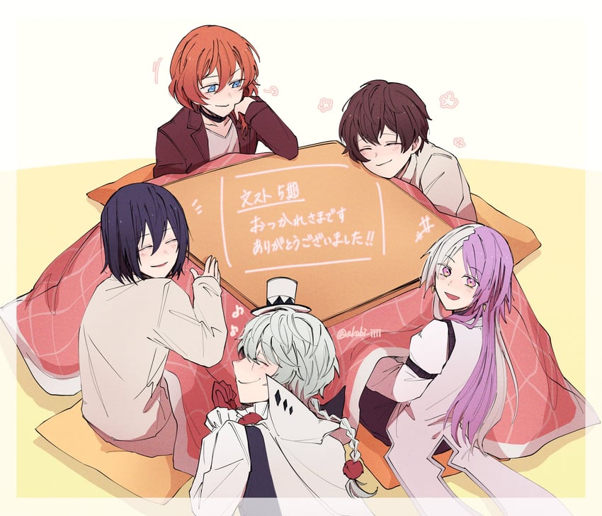 dazai osamu, nakahara chuuya, fyodor dostoyevsky, nikolai gogol, and sigma (bungou stray dogs) drawn by akubi_iiii