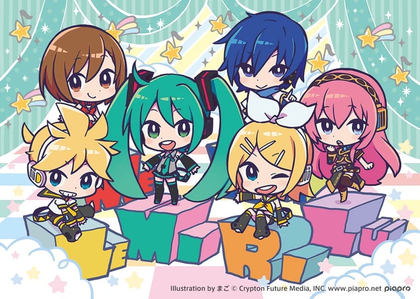 hatsune miku, kagamine rin, kagamine len, megurine luka, kaito, and 1 more (vocaloid and 1 more) drawn by mago