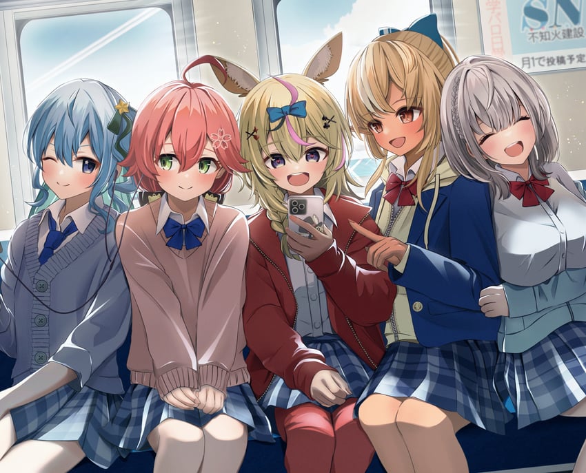 hoshimachi suisei, sakura miko, shirogane noel, shiranui flare, and omaru polka (hololive and 1 more) drawn by annin_oekaki