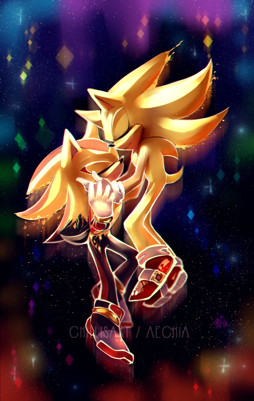 sonic the hedgehog, shadow the hedgehog, super sonic, and super shadow (sonic and 1 more) drawn by spacecolonie