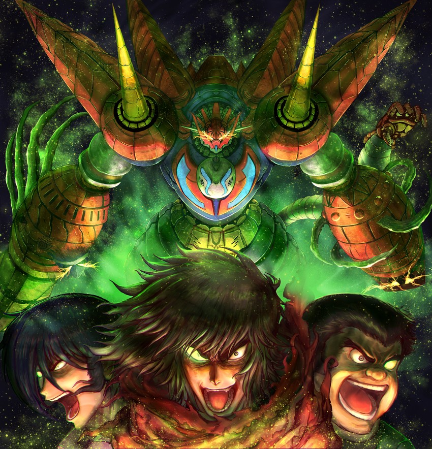 nagare ryoma, jin hayato, shin getter dragon, and kuruma benkei (super robot wars and 3 more) drawn by sakanadrill