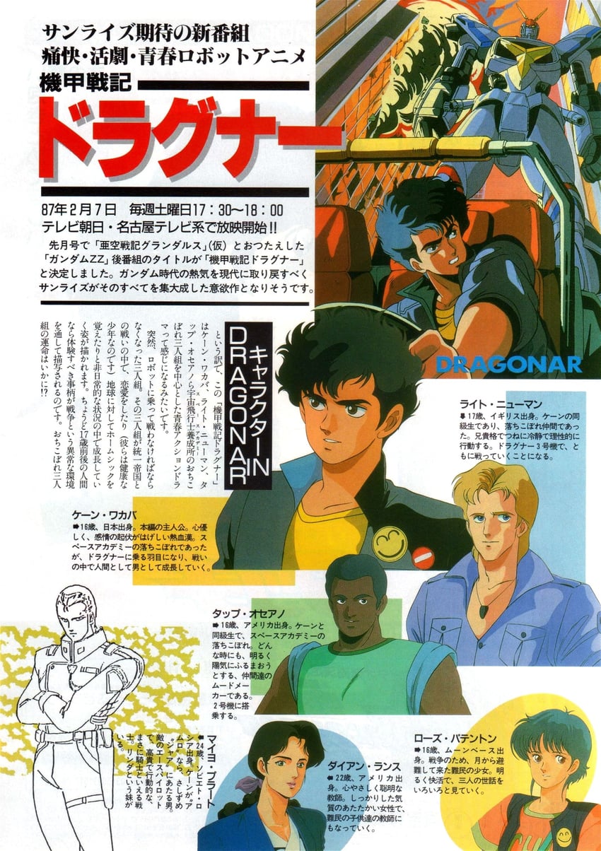 d-1, rose patterson, kaine wakaba, meio plato, diane lance, and 2 more (kikou senki dragonar and 1 more)