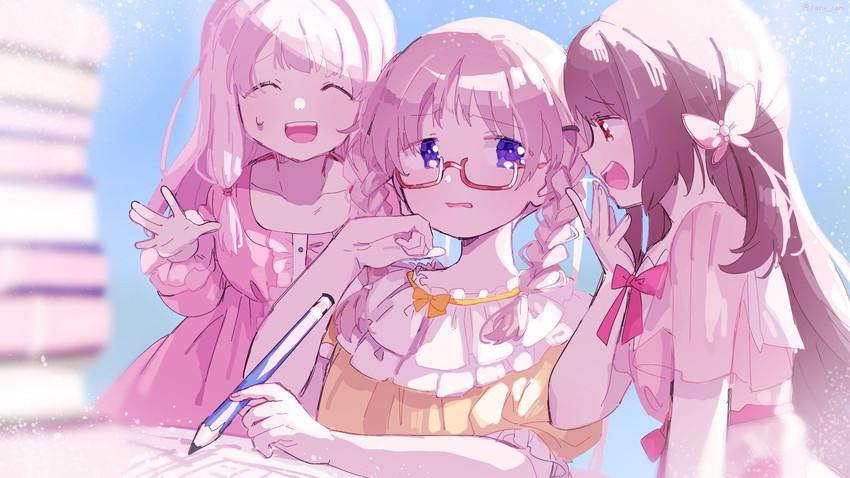 tamaki ui, satomi touka, and hiiragi nemu (mahou shoujo madoka magica and 1 more) drawn by serizawa_serizane