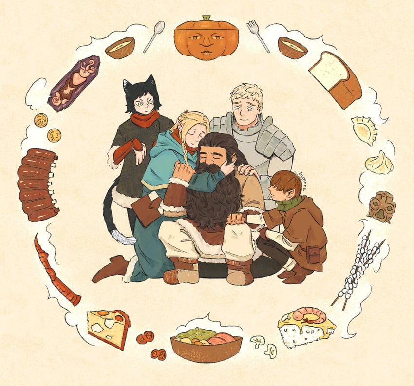 marcille donato, laios touden, senshi, chilchuck tims, and izutsumi (dungeon meshi) drawn by tam_(tamoru)