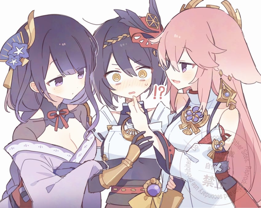 raiden shogun, yae miko, and kujou sara (genshin impact) drawn by ayase_(user_ytjw3843)