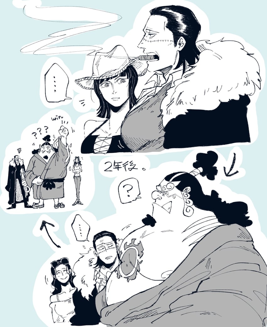 nico robin, crocodile, and jinbe (one piece) drawn by yayuko