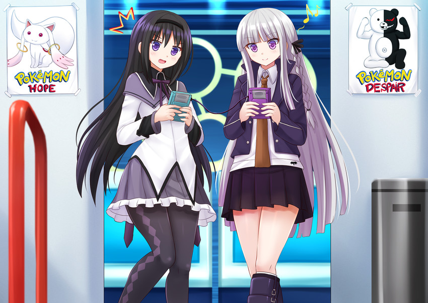 akemi homura, kyubey, kirigiri kyoko, and monokuma (pokemon and 3 more) drawn by kazenokaze