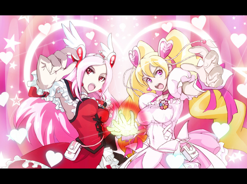 higashi setsuna, momozono love, cure peach, and cure passion (gundam and 3 more) drawn by funakura