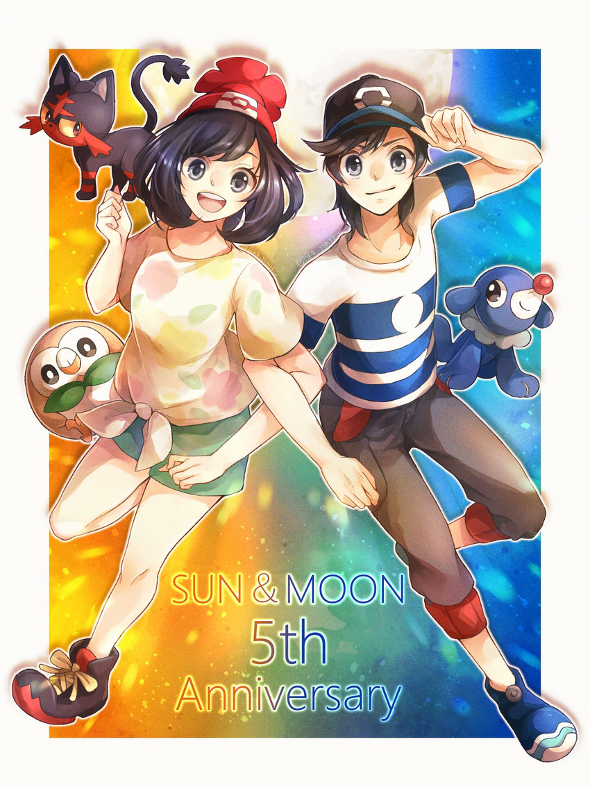 selene, rowlet, elio, popplio, and litten (pokemon and 1 more) drawn by yomogi_(black-elf)