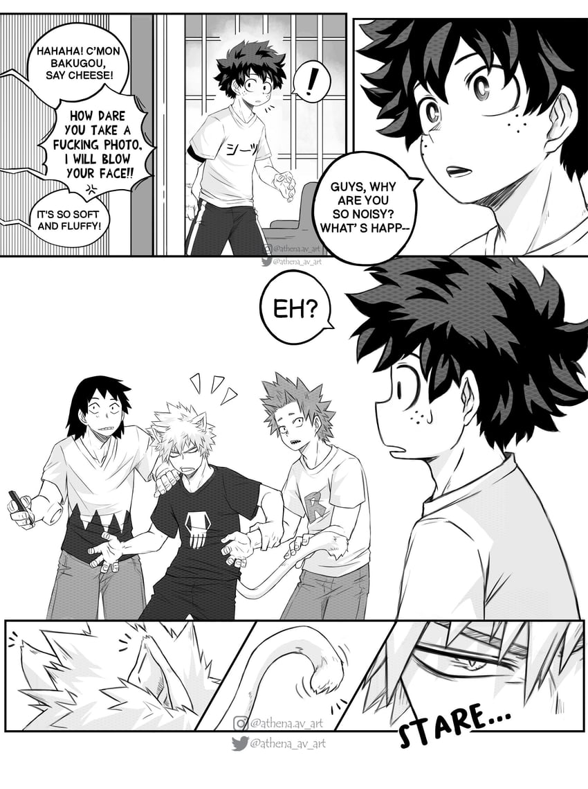 midoriya izuku, bakugou katsuki, kirishima eijiro, and sero hanta (boku no hero academia) drawn by athena_av