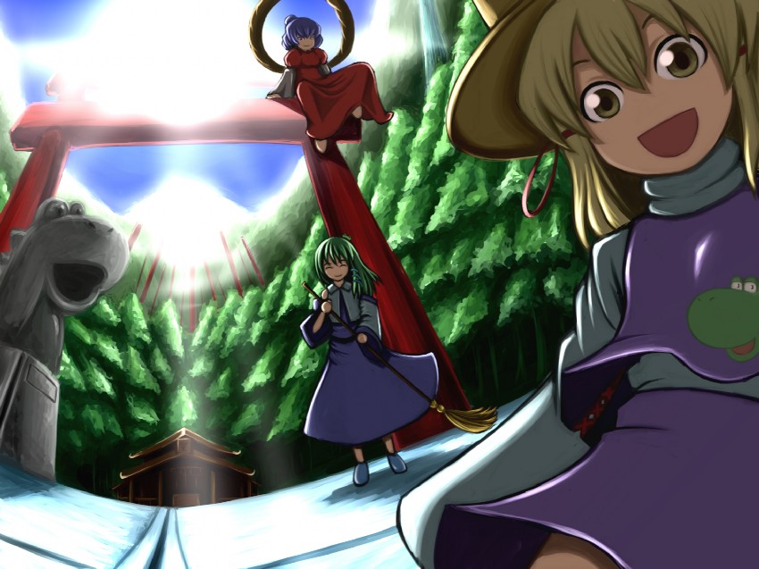 kochiya sanae, moriya suwako, yasaka kanako, and yoshi (touhou and 1 more) drawn by katagi_ren