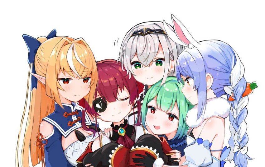 houshou marine, usada pekora, shirogane noel, uruha rushia, shiranui flare, and 1 more (hololive) drawn by kirome_toru_2