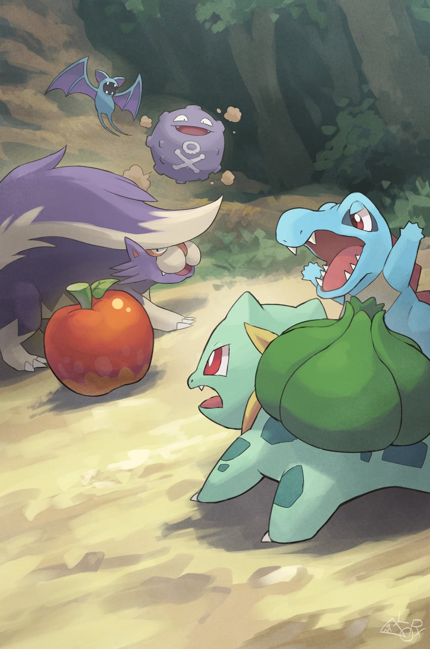 bulbasaur, totodile, zubat, koffing, and skuntank (pokemon and 2 more) drawn by yamaori_(hakkentai_pokedan)