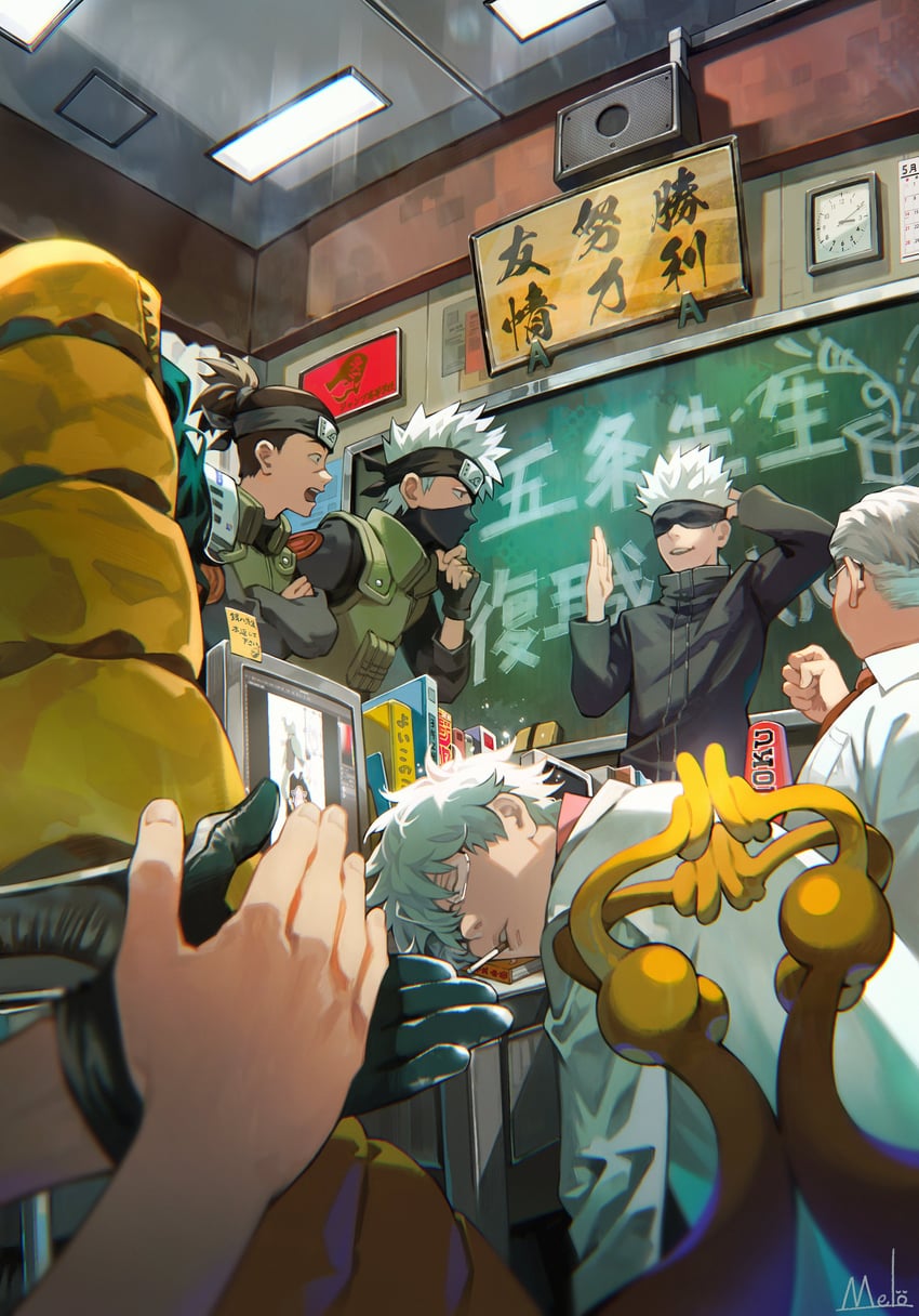 gojou satoru, sakata gintoki, hatake kakashi, aizawa shota, umino iruka, and 3 more (boku no hero academia and 6 more) drawn by kyuuba_melo