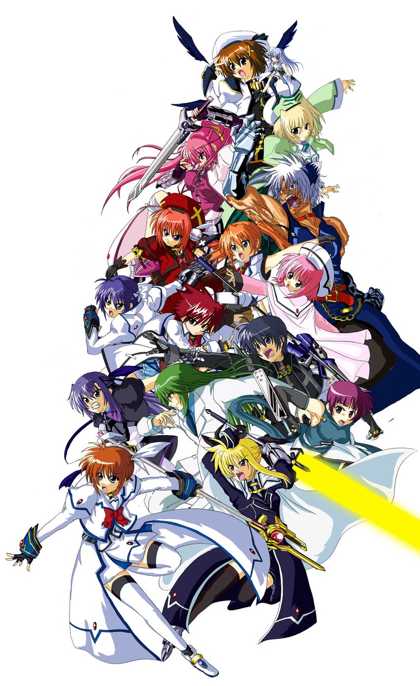 fate testarossa, takamachi nanoha, yagami hayate, raising heart, bardiche, and 18 more (lyrical nanoha and 1 more) drawn by ryuu-tan_(miuron)
