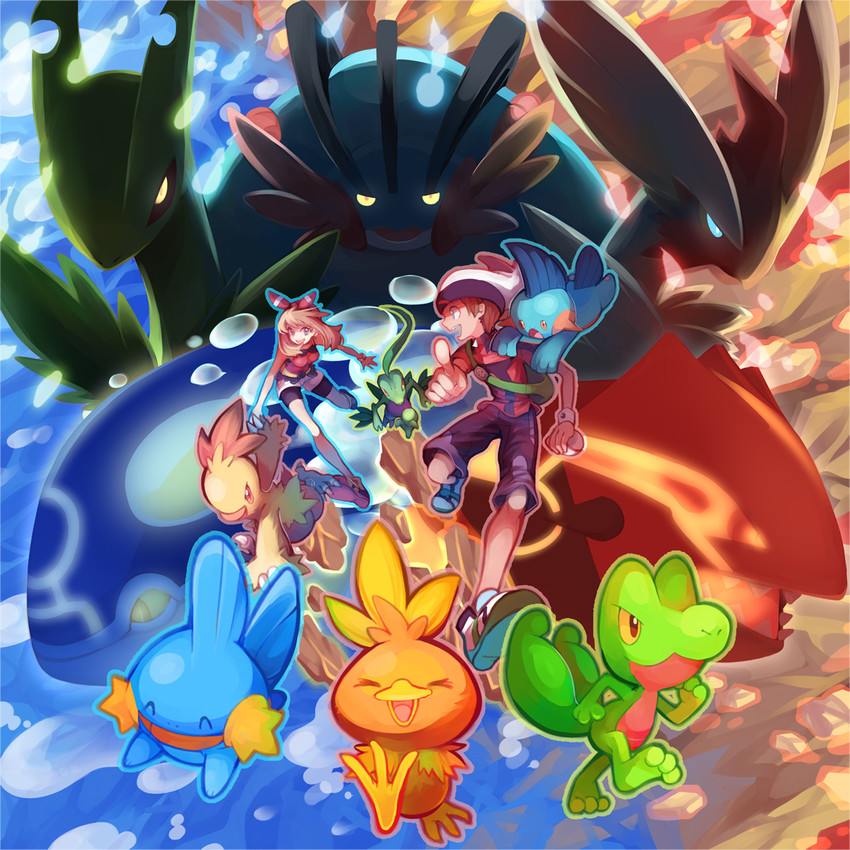may, brendan, torchic, mudkip, blaziken, and 13 more (pokemon and 1 more) drawn by huan_li