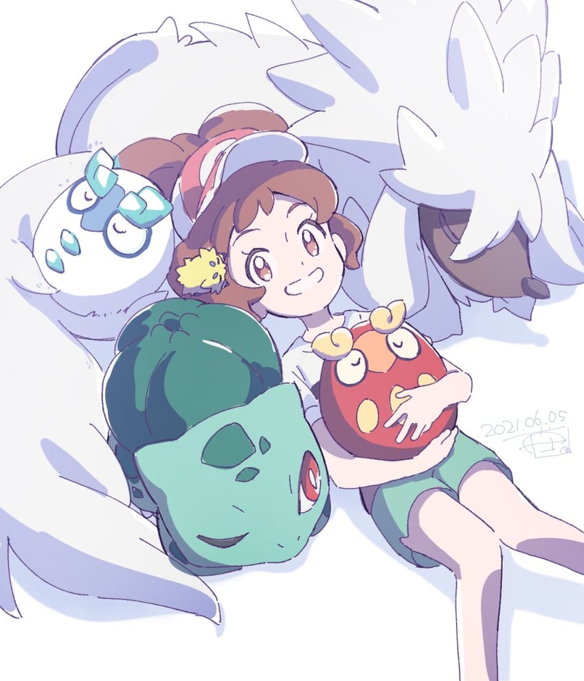 bulbasaur, elaine, darumaka, furfrou, and galarian darumaka (pokemon and 1 more) drawn by ueda_hanako