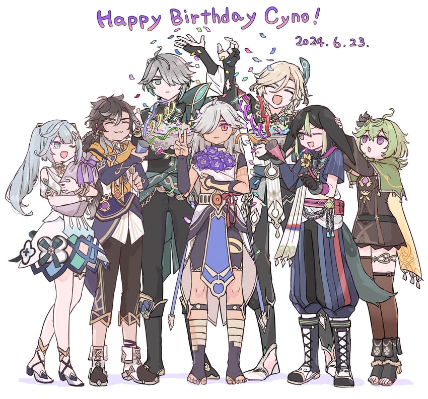 alhaitham, tighnari, kaveh, cyno, collei, and 2 more (genshin impact) drawn by himeko_(nico6v6pachi)
