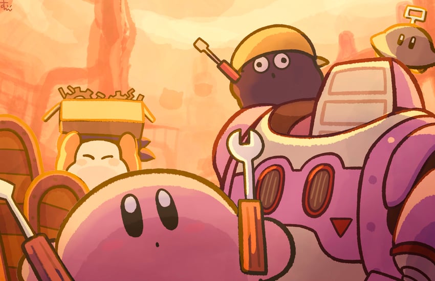 kirby, bandana waddle dee, gooey, scarfy, ufo, and 1 more (kirby) drawn by suyasuyabi