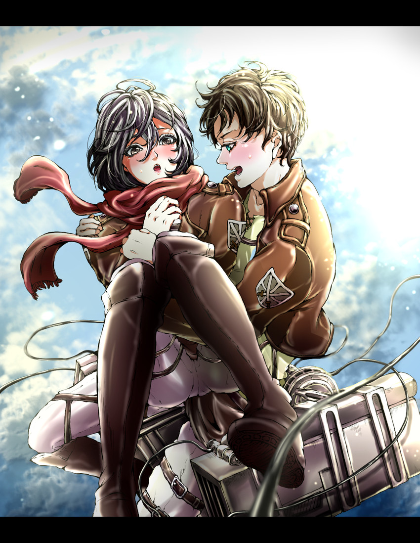 mikasa ackerman and eren yeager (shingeki no kyojin) drawn by teruppio