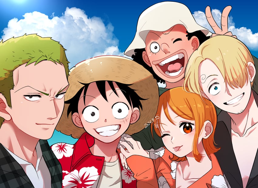 nami, monkey d. luffy, roronoa zoro, sanji, and usopp (one piece) drawn by mugicha_(zoro1132)