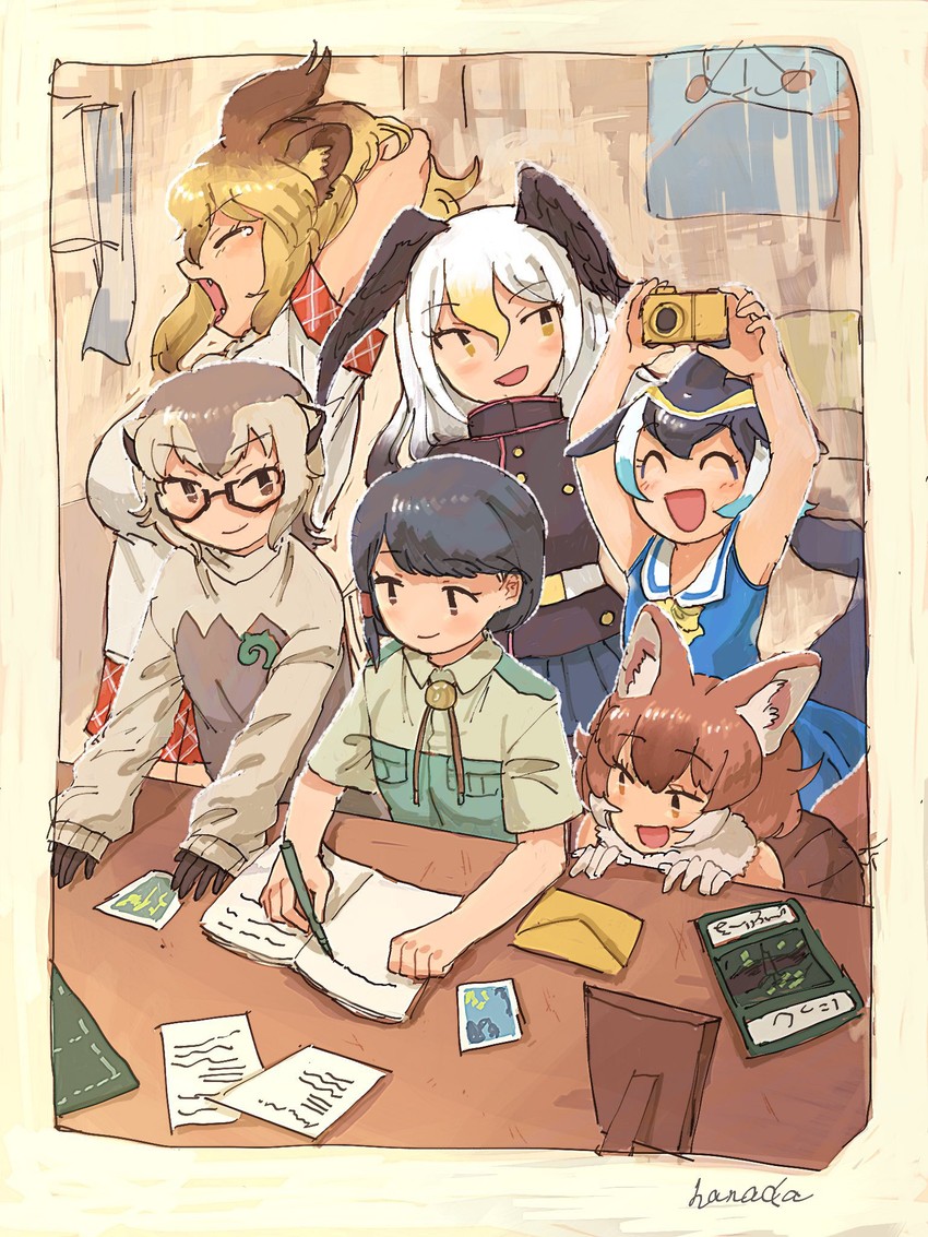 captain, dhole, lion, common dolphin, meerkat, and 1 more (kemono friends and 1 more) drawn by hanada_(cobalt003)