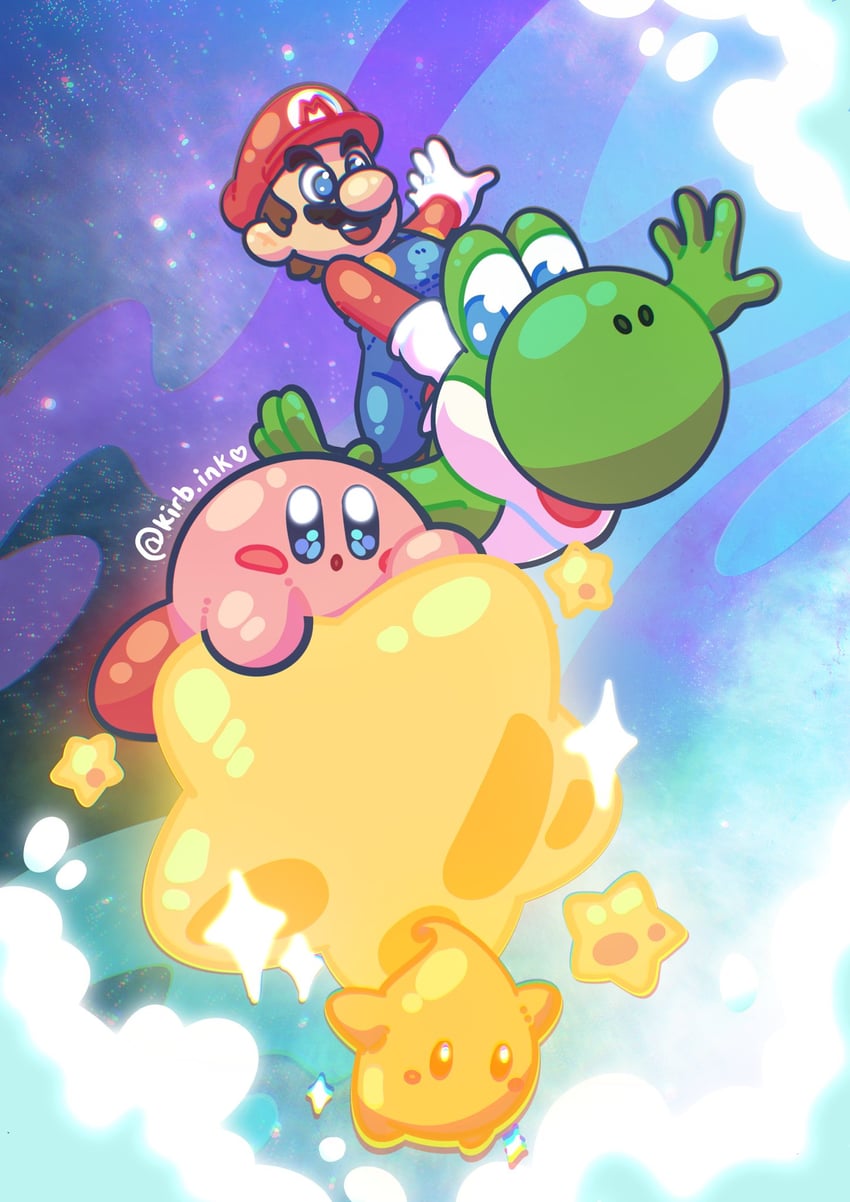 kirby, mario, luma, and yoshi (mario and 2 more) drawn by aimaay