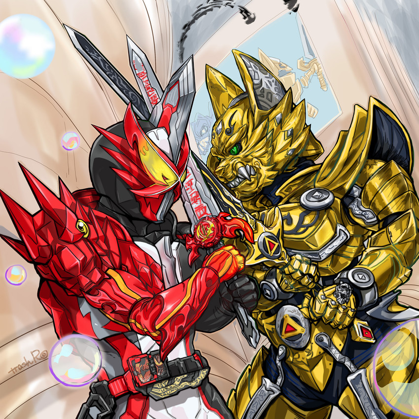 kamen rider saber and garo (kamen rider and 2 more) drawn by huujyu