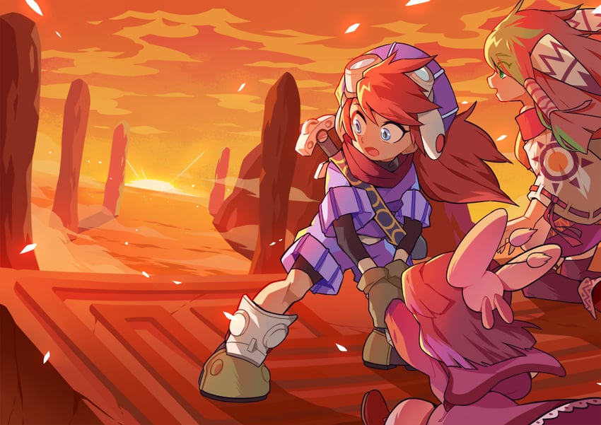 feena, justin, sue, and puui (grandia and 1 more) drawn by gomipomi