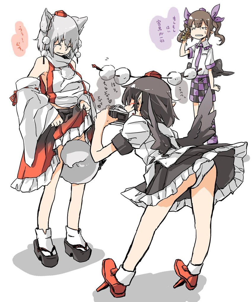 shameimaru aya, inubashiri momiji, and himekaidou hatate (touhou) drawn by numa_(minus_4k)