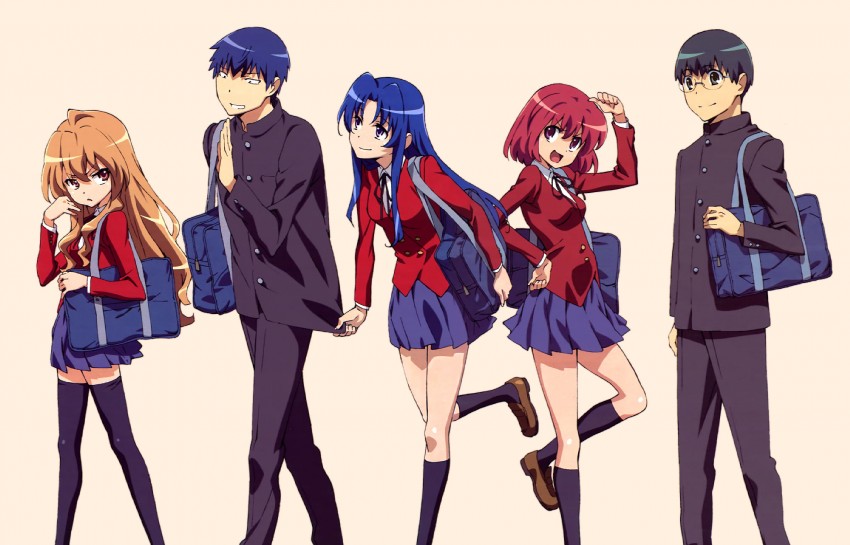 aisaka taiga, kawashima ami, takasu ryuuji, kushieda minori, and kitamura yuusaku (toradora!) drawn by hiyamizu_yukie