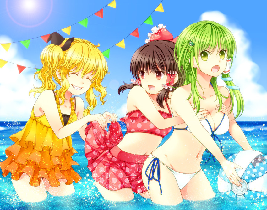 hakurei reimu, kirisame marisa, and kochiya sanae (touhou) drawn by fuusha