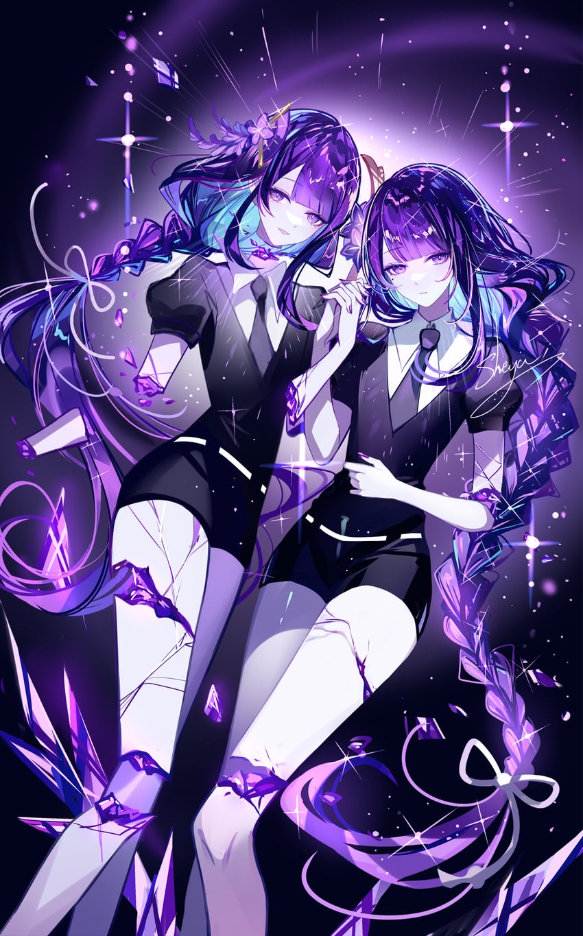 raiden shogun and makoto (genshin impact and 1 more) drawn by sheya
