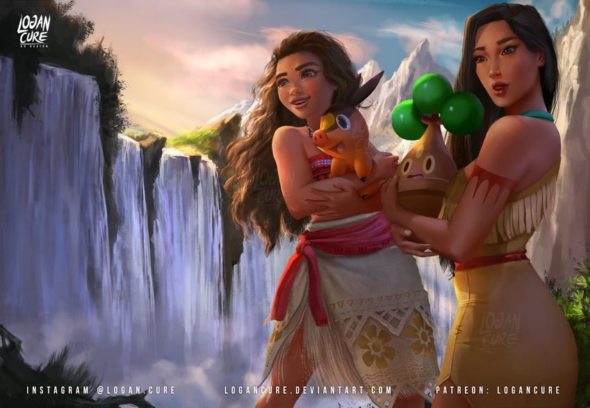 tepig, moana waialiki, bonsly, and pocahontas (pokemon and 2 more) drawn by logan_cure