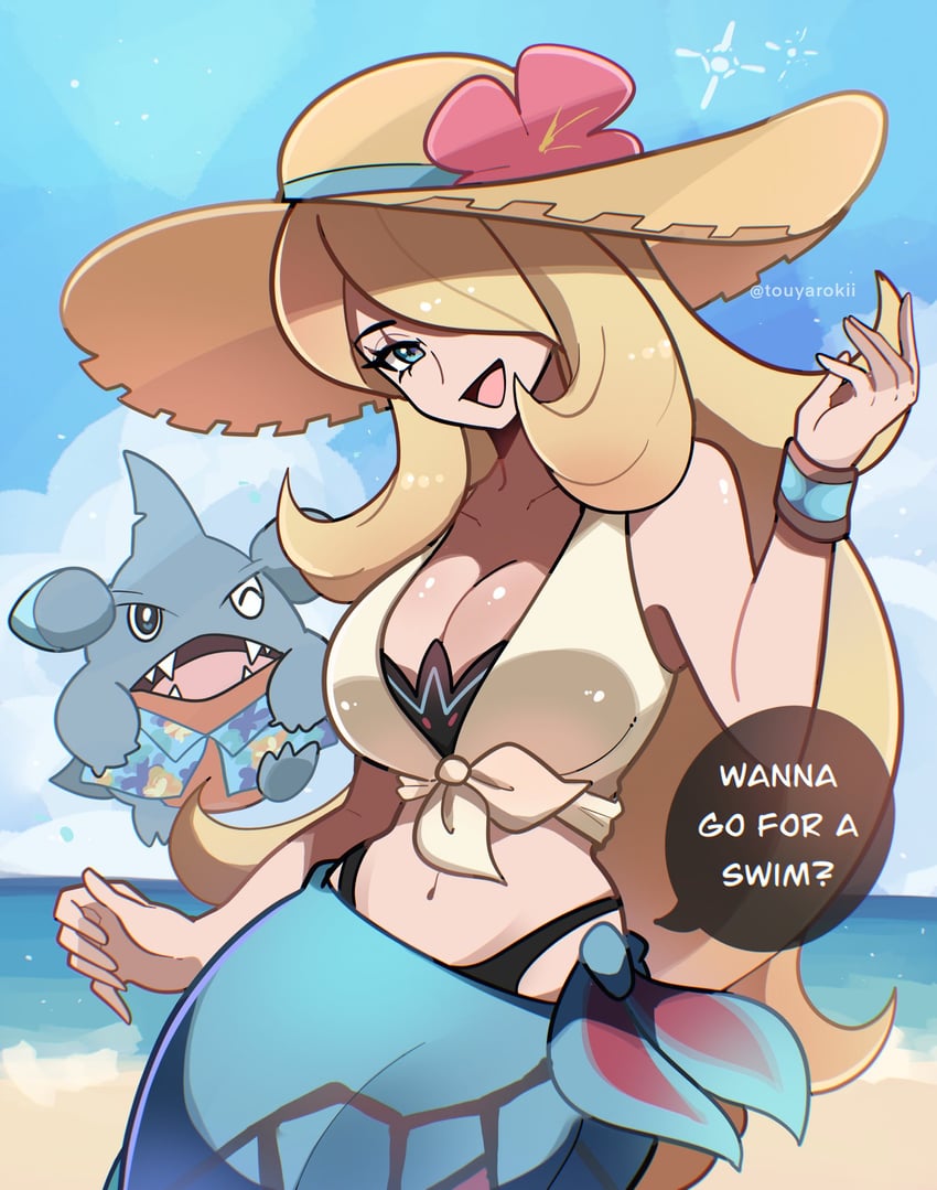 cynthia and gible (pokemon and 1 more) drawn by touyarokii