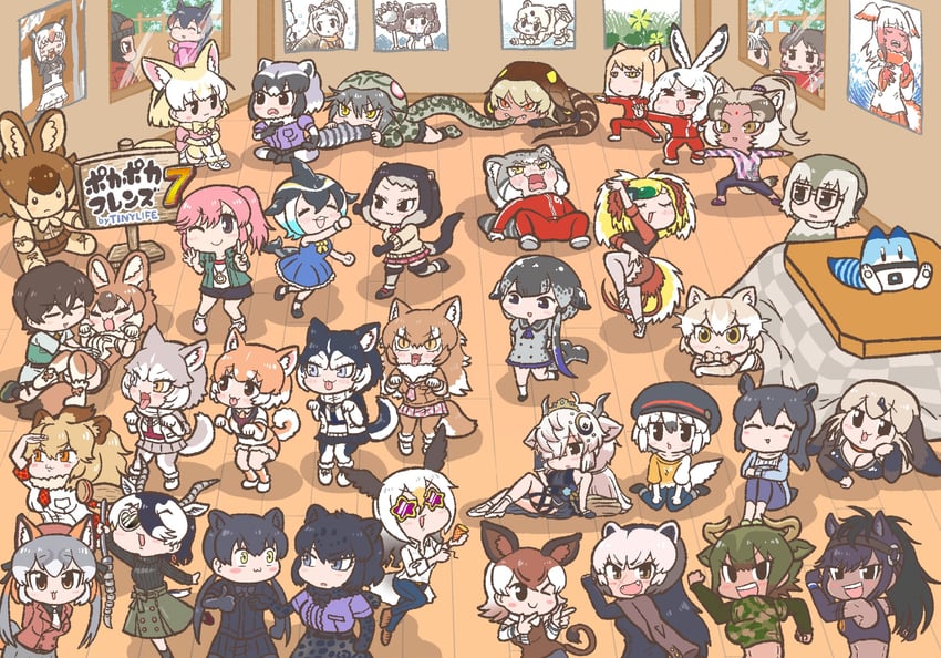 common raccoon, fennec, lucky beast, japanese crested ibis, captain, and 39 more (kemono friends and 1 more) drawn by kotobuki_(tiny_life)