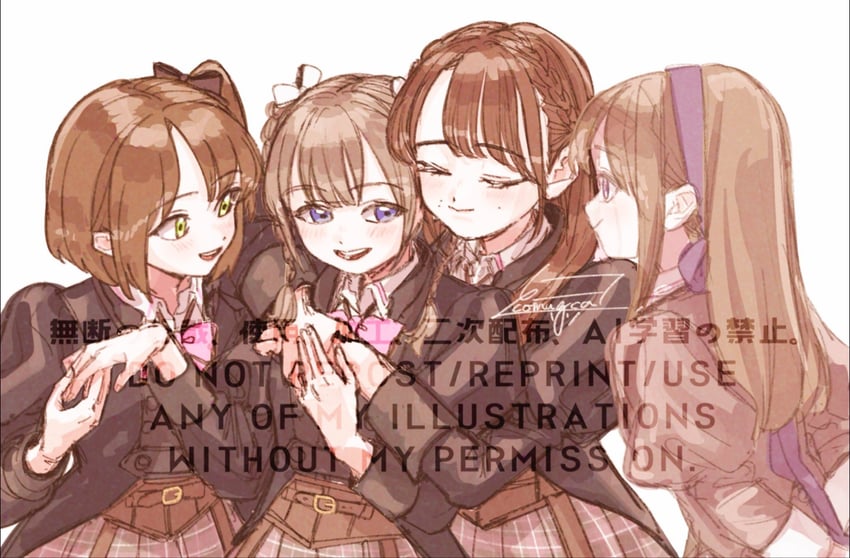fukuyama jeanne sachie, kishimoto maria mirai, kishimoto lucia raimu, and amamiya sophia seren (assault lily) drawn by komuzuka