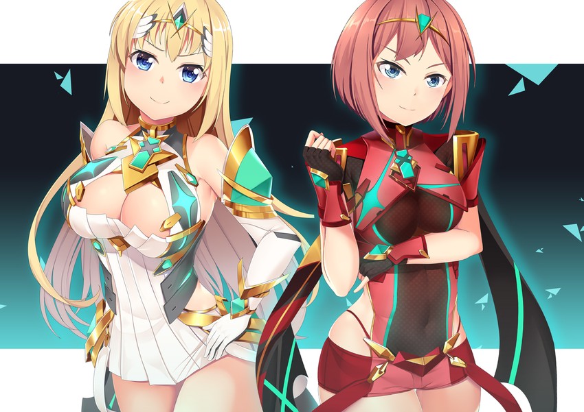 pyra, mythra, bismarck, and ark royal (kantai collection and 2 more) drawn by yasume_yukito