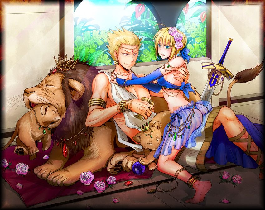 artoria pendragon, saber, and gilgamesh (fate and 2 more) drawn by hashibayachi