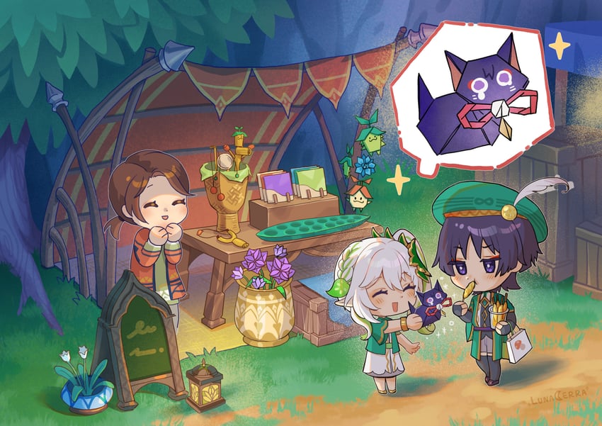 nahida, wanderer, aranara, and scaramouche (genshin impact) drawn by lunacerra