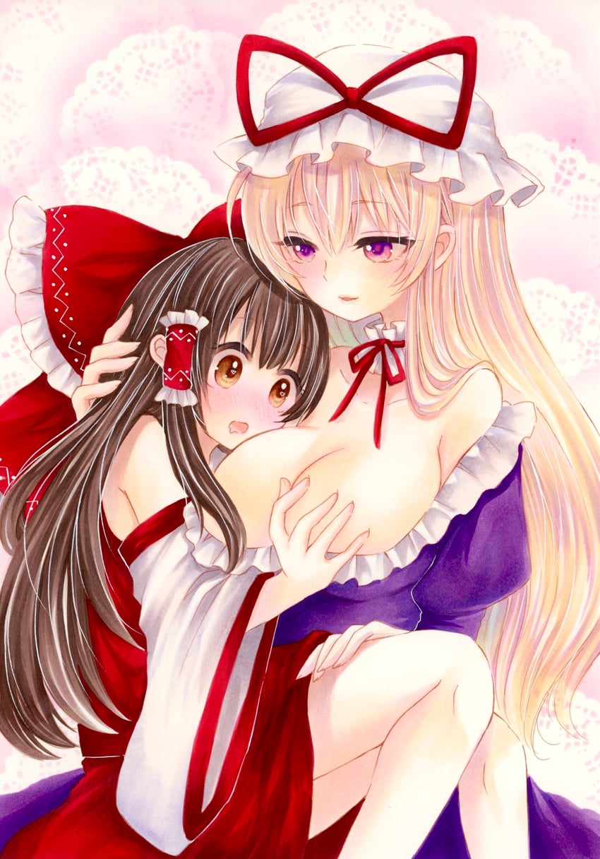 hakurei reimu and yakumo yukari (touhou) drawn by yuuki_hana_(jtnp5334)