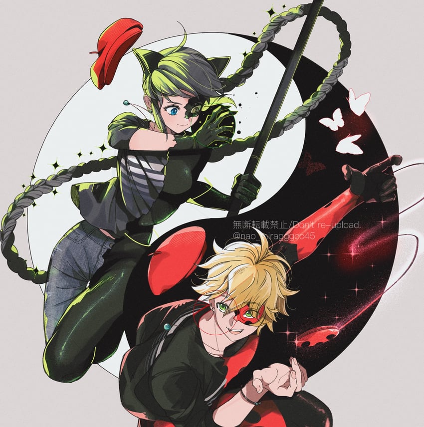 marinette dupain-cheng, adrien agreste, lady noir, and misterbug (miraculous ladybug) drawn by seio_(nao_miragggcc45)