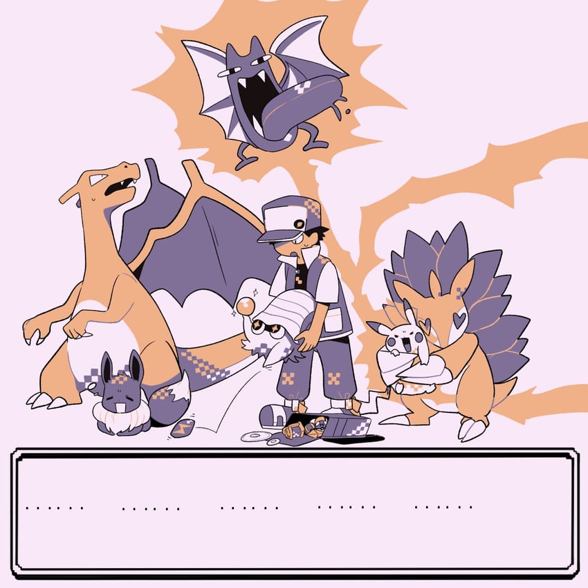 pikachu, eevee, red, charizard, golbat, and 2 more (pokemon and 1 more) drawn by tyako_089