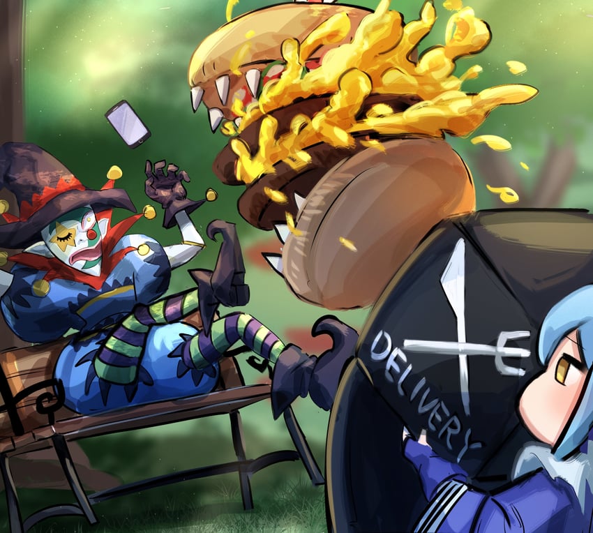 laundry dragonmaid, hungry burger, and saggi the dark clown (yu-gi-oh!) drawn by hatano_kiyoshi
