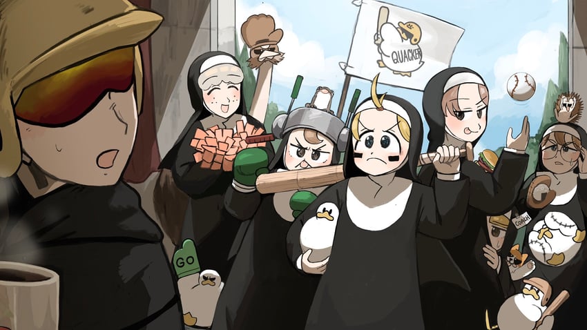 clumsy nun, froggy nun, spicy nun, sheep nun, glasses nun, and 2 more (little nuns) drawn by diva_(hyxpk)