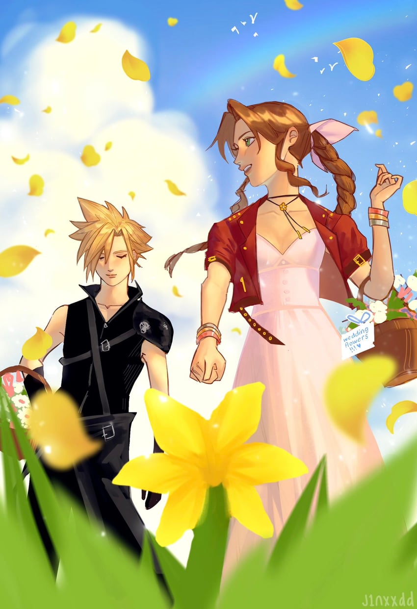 cloud strife and aerith gainsborough (final fantasy and 2 more) drawn by j1nxxdd