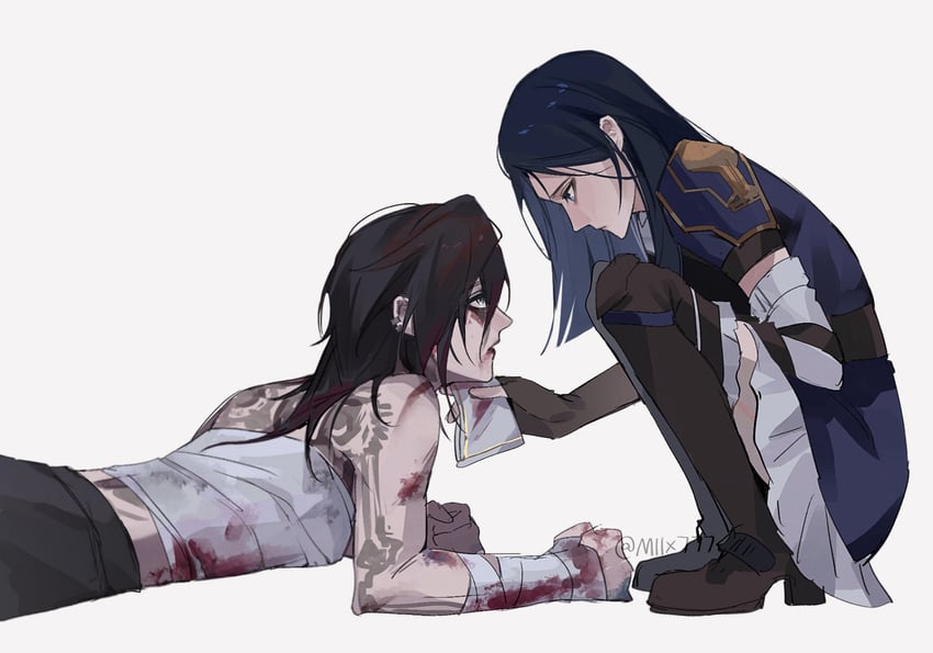 vi, caitlyn, arcane vi, and arcane caitlyn (league of legends and 1 more) drawn by miix777