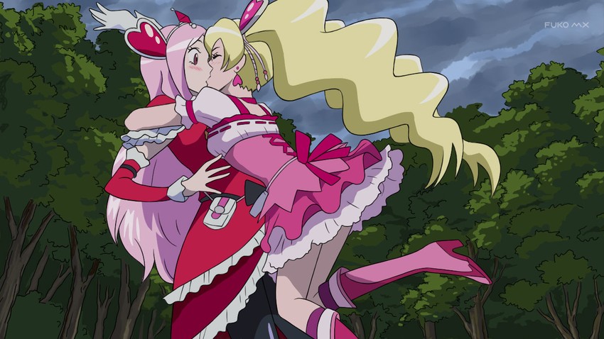higashi setsuna, momozono love, cure peach, and cure passion (precure and 1 more) drawn by nagagutsu