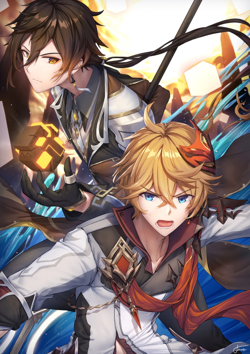 zhongli and tartaglia (genshin impact) drawn by xfate